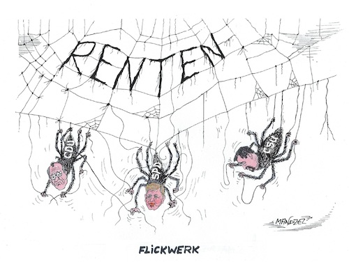 Cartoon: Es wird weiter gesponnen (medium) by mandzel tagged deutschland,rente,reformen,cdu,spd,csu,spinnennetz,flickwerk,deutschland,rente,reformen,cdu,spd,csu,spinnennetz,flickwerk