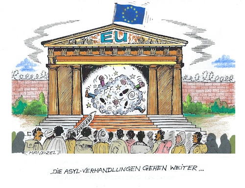 Cartoon: EU-Schauspiel (medium) by mandzel tagged migranten,eu,regelungen,uneinigkeit,brüssel,migranten,eu,regelungen,uneinigkeit,brüssel