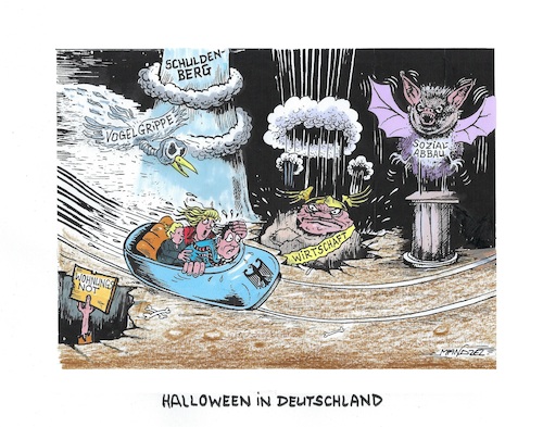 Geisterbahn (medium) Cartoon: Geisterbahn (medium) by mandzel tagged deutschland,reformen,halloween,ängste,horror,soziales,armut,wohnungsnot,vogelgrippe,schuldenberg,wirtschaft,deutschland,reformen,halloween,ängste,horror,soziales,armut,wohnungsnot,vogelgrippe,schuldenberg,wirtschaft