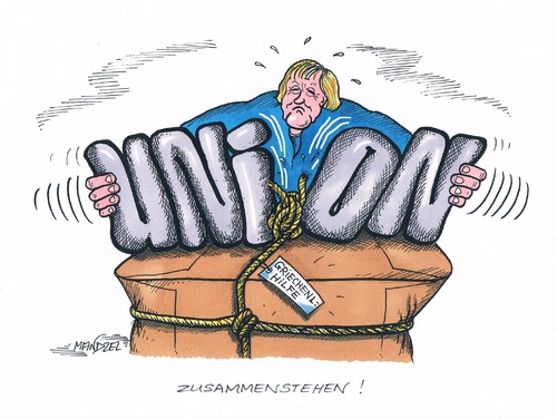 Cartoon: Gespaltene Union (medium) by mandzel tagged union,merkel,griechenland,abstimmung,hilfspaket,union,merkel,griechenland,abstimmung,hilfspaket