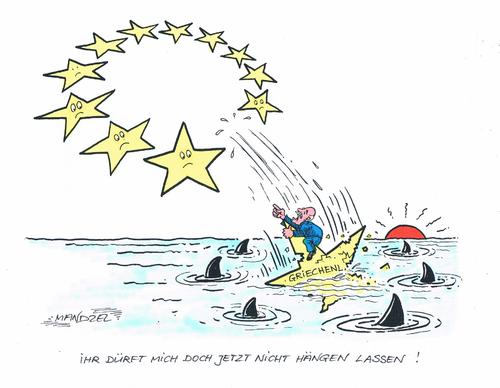 Cartoon: Griechenland nicht hängenlassen (medium) by mandzel tagged sterne,eu,euro,absturz,pappandreou,griechenland,haie