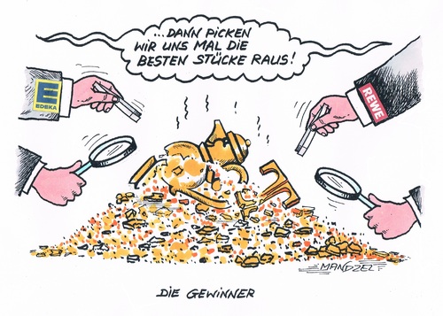 Cartoon: Kaisers Tengelmann (medium) by mandzel tagged kaisers,tengelmann,zerschlagung,rewe,edeka,arbeitsplätze,kaisers,tengelmann,zerschlagung,rewe,edeka,arbeitsplätze