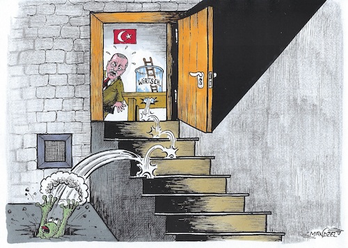 Cartoon: Lira im Keller (medium) by mandzel tagged türkei,erdogan,usa,trump,lira,wirtschaft,sanktionen,zölle,türkei,erdogan,usa,trump,lira,wirtschaft,sanktionen,zölle