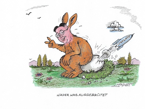 Cartoon: Raketenhäschen in Fernost (medium) by mandzel tagged kim,nordkorea,provokation,lenkwaffen,usa,kim,nordkorea,provokation,lenkwaffen,usa