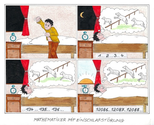 Cartoon: Schäfchen zählen (medium) by mandzel tagged schlafstörung,schäfchen,zählen,math2022,schlafstörung,schäfchen,zählen