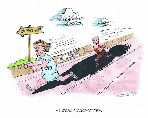 Cartoon: Schulz im Schatten (medium) by mandzel tagged bundestagswahlen,schulz,merkel,union,spd,wählergunst,mandzel,karikatur,vorsprung,bundestagswahlen,schulz,merkel,union,spd,wählergunst,mandzel,karikatur,vorsprung