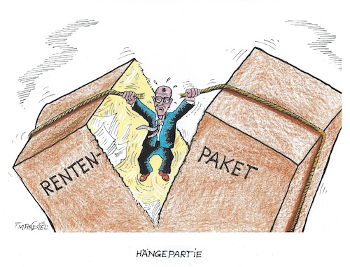 Cartoon: Schwerstarbeit (medium) by mandzel tagged deutschland,rentenpaket,merz,koalitionsstreit,demographie,deutschland,rentenpaket,merz,koalitionsstreit,demographie