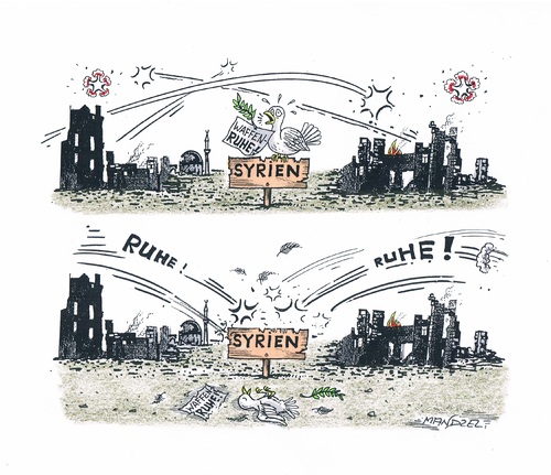 Cartoon: Waffenruhe in Syrien (medium) by mandzel tagged friedenstaube,waffenruhe,syrien,beschuss,friedenstaube,waffenruhe,syrien,beschuss