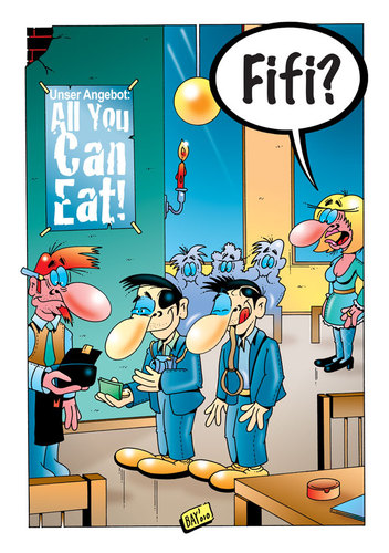 Cartoon: All You Can Eat! (medium) by stefanbayer tagged angebot,hundeleine,tier,kneipe,bar,lounge,gastronomie,restaurant,essen,allyoucaneat,bezahlen,fifi,hund,suchen,frau,man,kellner,servicekraft,stefan,bayer