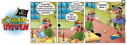 Cartoon: Die Thekenpiraten 14 (medium) by stefanbayer tagged bayer,stefan,stefanbayer,theke,piraten,thekenpiraten,kneipe,gastronomie,ordnung,barbara,lounge,bar,verspätung,aufräumen,anfall,suchen,problem,bier