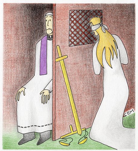 Cartoon: confessional booth (medium) by cemkoc tagged themis,justice,confessional,booth