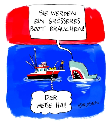 Cartoon: Der weise Hai (medium) by Holga Rosen tagged hai,film,zitat,hai,film,zitat,meer,boot,schiff,weiß,kino