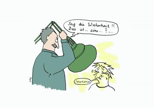 Cartoon: Sparlampe (medium) by ailuj tagged stromsparen,blenden,sparlampe,energiesparlampe,wahrheit,betrug,lüge,verhör,gesundheitsrisiko,grüner,star,quecksilber,helligkeit,farbspektrum,gehirnwäsche