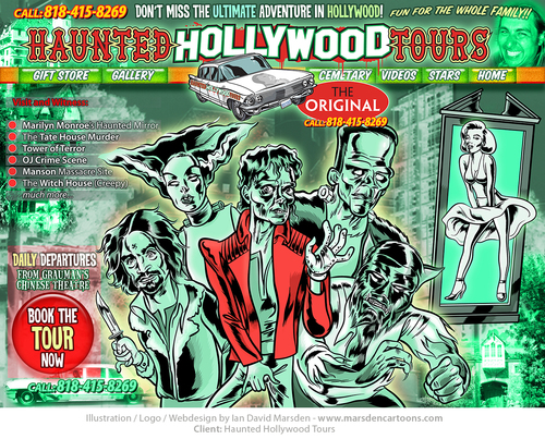 Cartoon: Haunted Hollywood Tours (medium) by ian david marsden tagged haunted,hollywood,frankenstein,wolfman,marilyn,monroe,illustrator,illustration,marsden