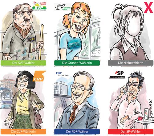 Cartoon: Waehlertypen in der Schweiz (medium) by ian david marsden tagged wahlen,waehler,linke,rechte,sozialisten,christliche,karikatur,caricature