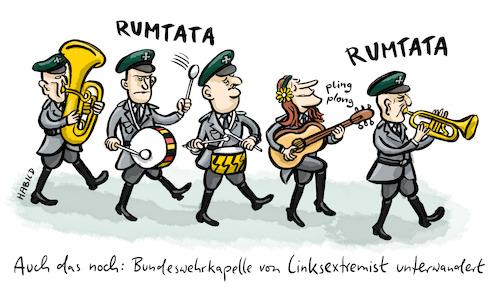 Cartoon: Bundeswehrkapelle (medium) by habild tagged bundeswehr,linksextremist,rechtsextremist,rechtsterror,musik,kapelle,hippie,blasmusik,marsch,gitarre,wehrmacht,ns
