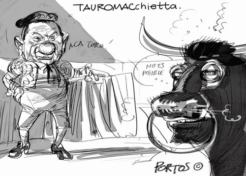 Cartoon: Tauromacchietta (medium) by portos tagged berlusconi,torero,povera,italia