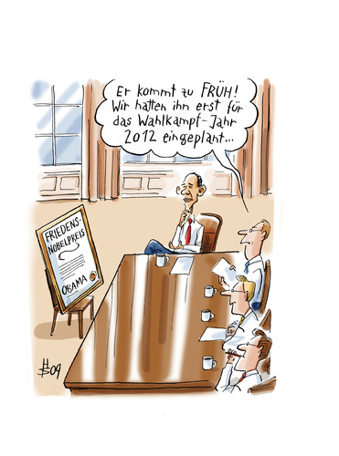 Cartoon: Zu früh! (medium) by Heiko Sakurai tagged obama,friedensnobelpreis,wahlen,usa,präsident
