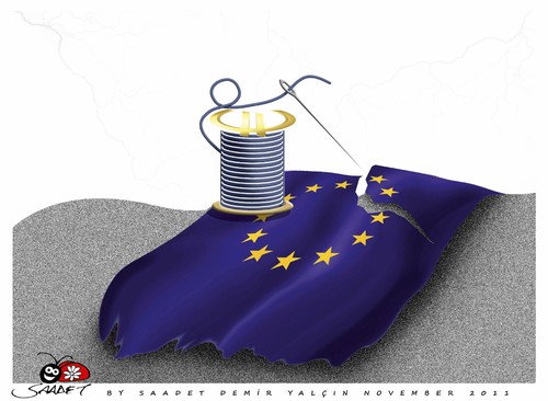 Cartoon: Repair (medium) by saadet demir yalcin tagged saadet,sdy,repair,europeanunion,money,stars,flag,yarn,needle