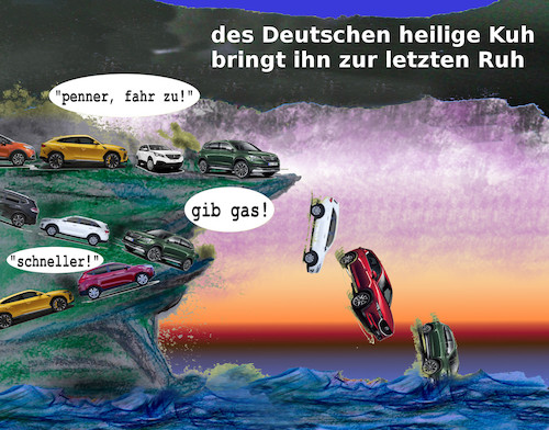 Cartoon: suv lemminge (medium) by wheelman tagged klima,wandel,katastrophe,auto,kfz,suv,deutsche,industrie,wetter,ende,überschwemmung,diesel,umwelt