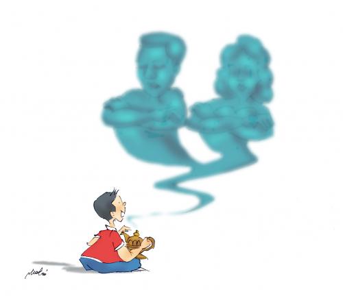 Cartoon: lamp (medium) by geomateo tagged child,lamp,aladin,desire,wish,parents,