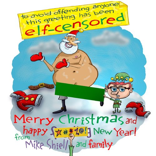 Cartoon: Elf-censorship (medium) by mikess tagged obscenity,obscene,presents,pole,north,censorship,self,elf,naked,santa,christmas