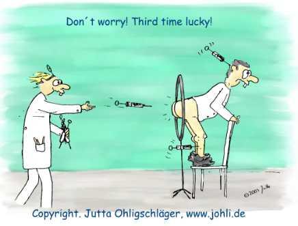 Cartoon: Third time lucky (medium) by Johli tagged gesundheit,medizin,arzt,patient,dart,spritze,injektion,