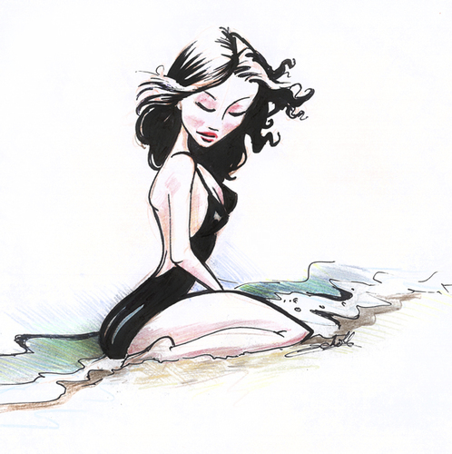 Cartoon: without (medium) by michaelscholl tagged woman,cartoon,sexy,swimsuit,bathing,suit,beach,sitting