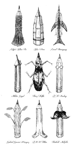 Cartoon: Pencils of Authors (medium) by salihgonenli tagged nietzshche,friedrich,tolkien,marquez,garcia,gabriel,rowling,kafka,franz,gogol,nikolai,hemingway,ernest,verne,jules,poe,allen,edgar