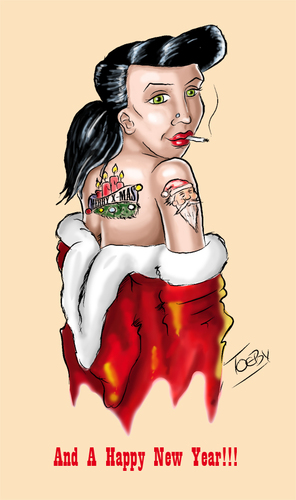 Cartoon: Merry X-Mas to all Toon-Pooler (medium) by Toeby tagged christmas,girl,greetings,grüsse,mark,töbermann,mädchen,pinup,rockebilly,tattoo,toeby,weihnachten