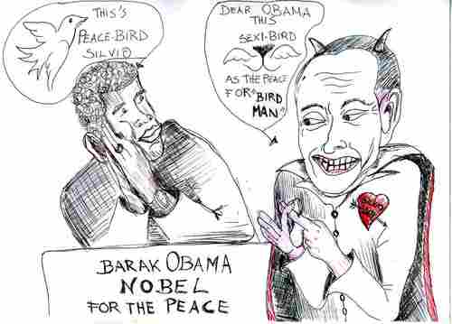 Cartoon: Silvio demon and Obama pax nobel (medium) by valterino tagged obama,berlusconi