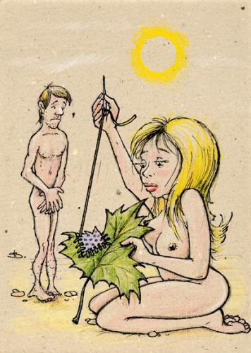 Cartoon: the leaf (medium) by Liviu tagged adam,eve,leaf,patch,