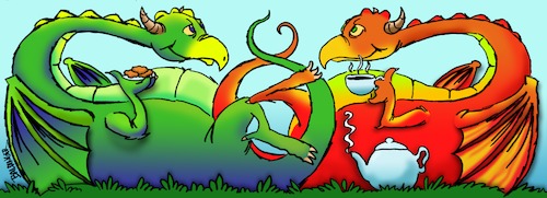 Cartoon: Dragon Tea (medium) by dbaldinger tagged tea,dragons,fantasy,whimsical
