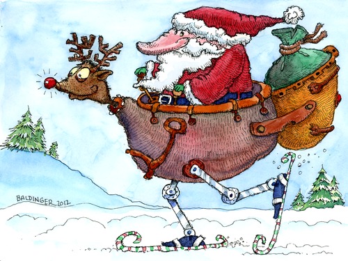 Cartoon: Merry Christmas (medium) by dbaldinger tagged santa,snow,christmas,sleigh,robot,winter,presents,skis