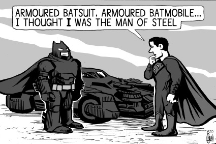 Cartoon: Batman vs Superman (medium) by sinann tagged batman,superman,man,of,steel,armoured,batsuit,batmobile