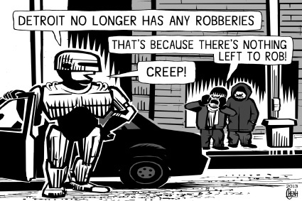 Cartoon: Detroit bankruptcy (medium) by sinann tagged detroit,bankruptcy,robocop,robbery,money