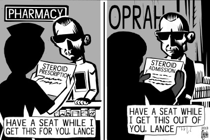 Cartoon: Lance Armstrong confession (medium) by sinann tagged lance,armstrong,oprah,winfrey,confession,admission,steroid,dope