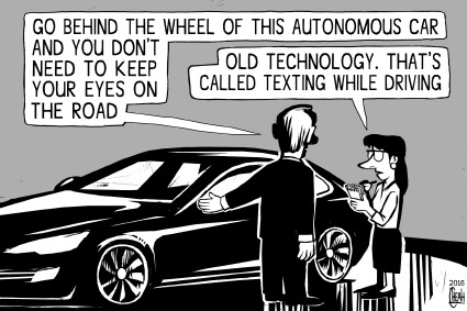 Cartoon: Tesla self-driving car (medium) by sinann tagged tesla,self,driving,car,autonomous,texting,technology