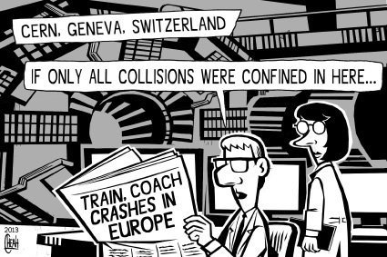 Cartoon: Train crash Europe (medium) by sinann tagged train,crashes,spain,switzerland,cern,collisions