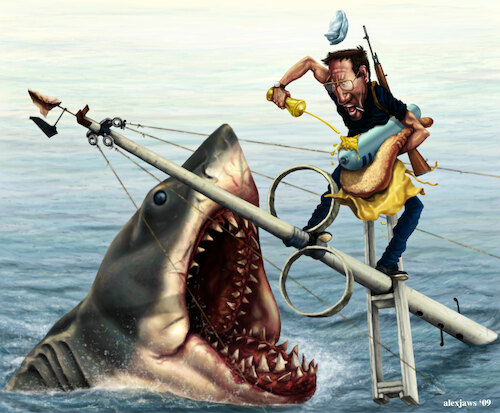 Cartoon: JAWS- (medium) by ALEX gb tagged jaws,roy,scheider,bruce,steven,spielberg,horror,movies,sharks
