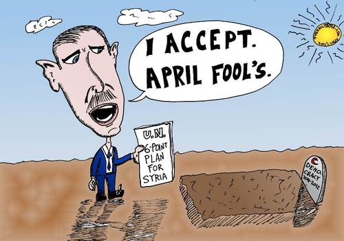 Cartoon: Assad accepts Peace April Fools (medium) by laughzilla tagged democracy,syria,war,april,fool,holiday,gag,peace,plan,caricature,political,editorial,webcomic,laughzilla