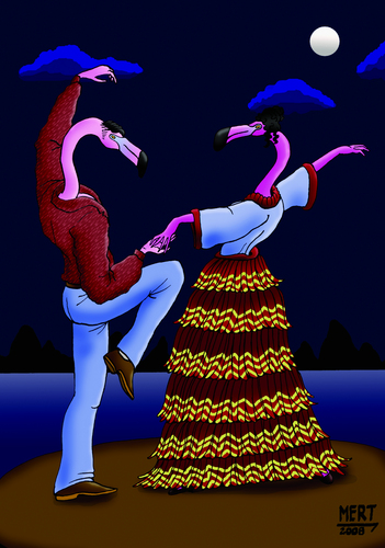 Cartoon: FLAMENKO_FLAMINGO (medium) by MERT_GURKAN tagged animals,bird,flamingo,flamenko,dance,caricature