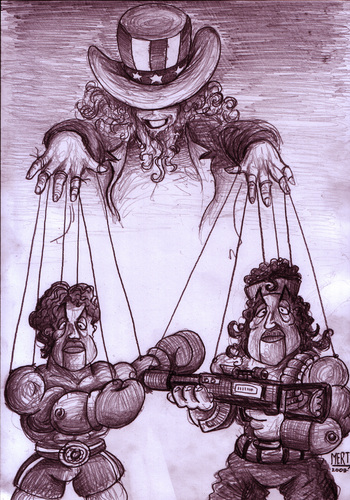 Cartoon: ROCKY_VS_RAMBO (medium) by MERT_GURKAN tagged uncle,sam,usa,rocky,rambo,muppet,caricature