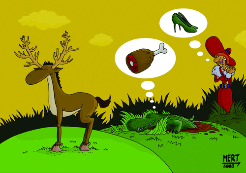 Cartoon: SHOES (medium) by MERT_GURKAN tagged animals,deer,crocodile,woman,caricature