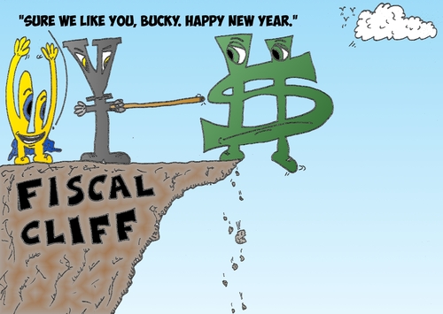 Cartoon: EUR JPY push USD fiscal cliff (medium) by BinaryOptions tagged binary,option,options,trade,trader,trading,forex,currency,currencies,optionsclick,eur,euroman,euro,jpy,japanese,yen,usd,bucky,dollar,caricature,cartoon,editorial,financial,finances,news,business,economic,economy,fiscal,cliff