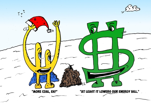 Cartoon: Euroman Bucky and Christmas Coal (medium) by BinaryOptions tagged financial,currency,currencies,forex,binary,options,option,trader,trade,trading,euroman,eur,usd,bucky,dollar,christmas,present,coal,editorial,cartoon,webcomic,optionsclick,comic,caricature,parody
