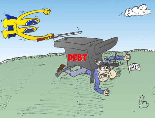 Cartoon: Euroman IMF Greek debt comic (medium) by BinaryOptions tagged greece,anvil,imf,euroman,greek,euro,debt,eur,forex,caricature,financial,editorial,business,comic,cartoon,optionsclick,binary,options,trader,option,trading,trade,news,parody