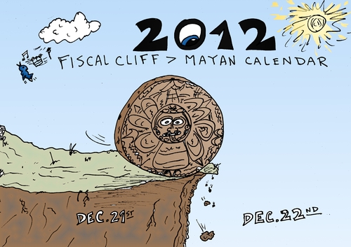 Cartoon: Mayan calendar at Fiscal cliff (medium) by BinaryOptions tagged binary,option,options,trade,trader,trading,mayan,calendar,optionsclick,fiscal,cliff,editorial,cartoon,caricature,comic,financial,finance,economy,economics,physics,end,world