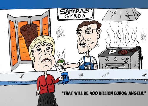 Cartoon: Merkel Samaras caricature (medium) by BinaryOptions tagged angela,merkel,antonis,samaras,german,germany,greek,greece,gyro,euro,eur,eurozone,european,union,optionsclick,binary,options,news,option,trader,trading,editorial,caricature,cartoon,political,business