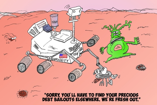 Cartoon: NASA Curiosity on Mars (medium) by BinaryOptions tagged binary,options,news,trading,trader,editorial,cartoon,caricature,comic,webcomic,mars,martian,alien,bailout,funds,financial,finances,debt,economic,crisis,optionsclick,nasa,curiosity,interplanetary,rover,vehicle